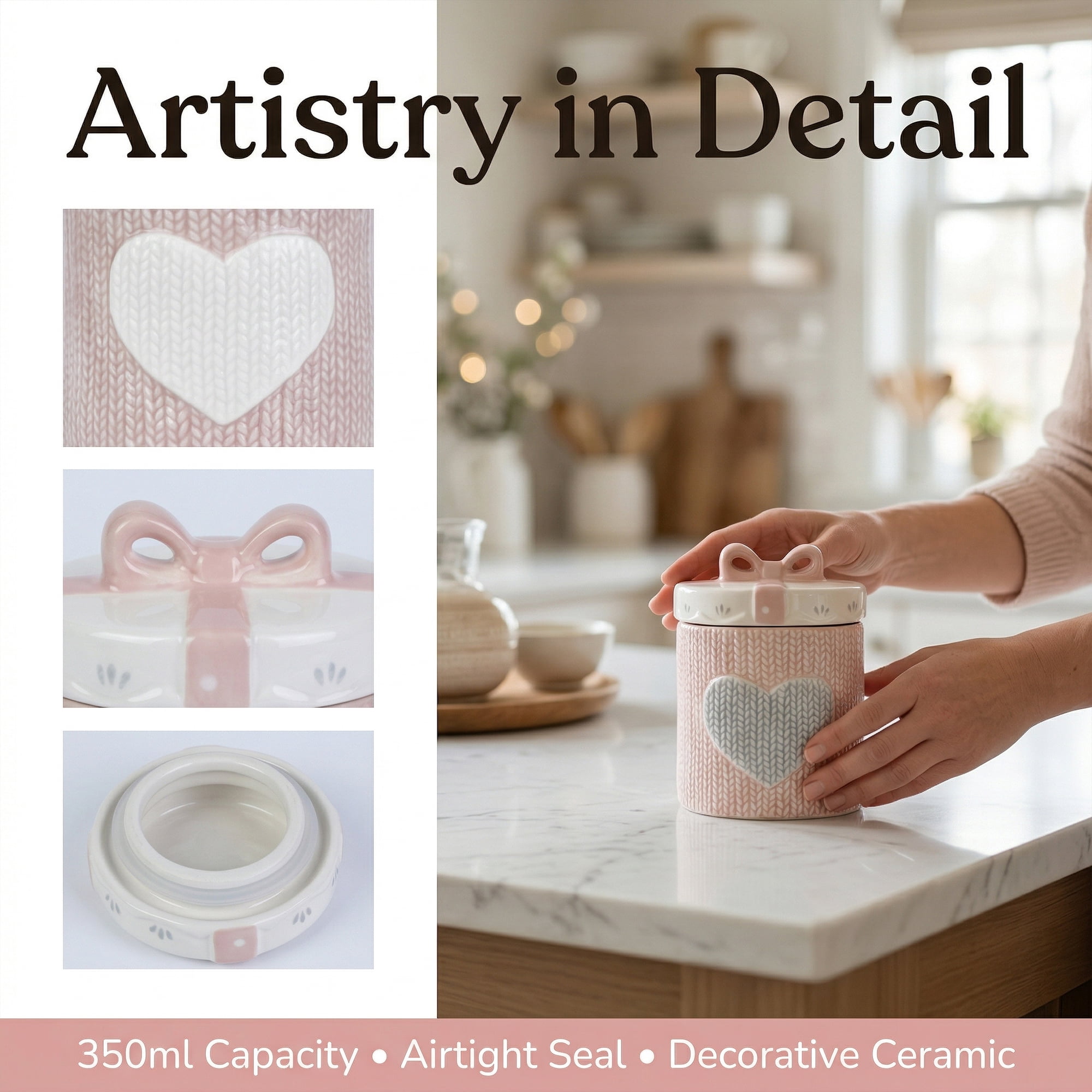 Unique Bargains Ceramic Jar with Airtight Lid 11.8oz Embossed Canister for Kitchen Pink