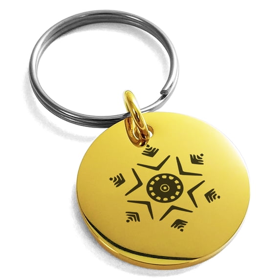 Rose Gold Stainless Steel Shining Star Snowflake Engraved Small Medallion Circle Charm Keychain Keyring