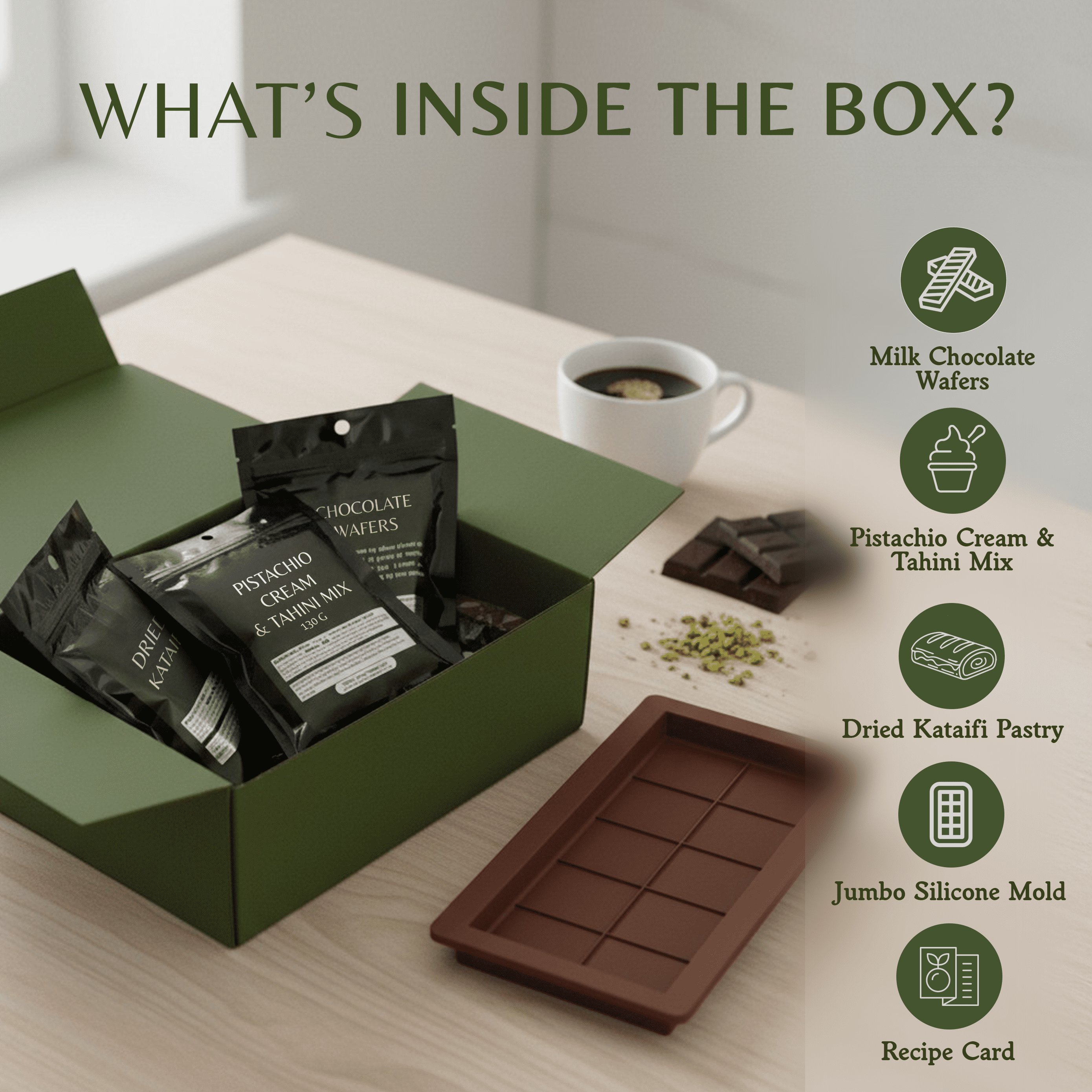 Dubai Chocolate Bar Kit Master Make at Home Set with Pistachio Cream, Tahini Mix, Dried Kataifi, Milk Chocolate Melting Wafers, Jumbo Bar Mold & Step-by-Step Guide