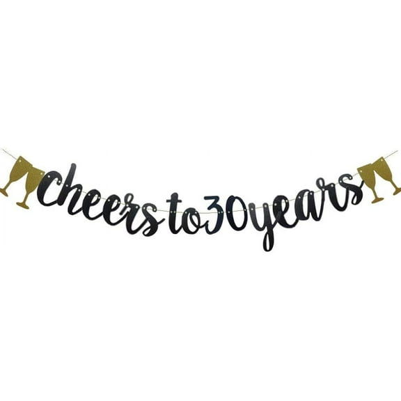 Cheers To 30 Years Banner,Pre-Strung, Black Paper Glitter Party Decorations For 30TH Wedding Anniversary 30 Years Old 30TH Birthday Party Supplies Letters Black