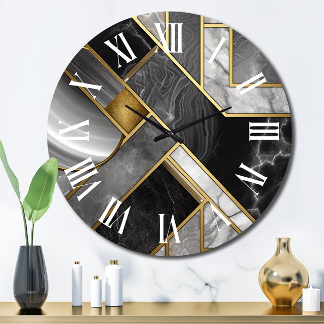 Designart "Marble Granite Agate with Gold Accents III" Modern Geometric Oversized Wall Clock