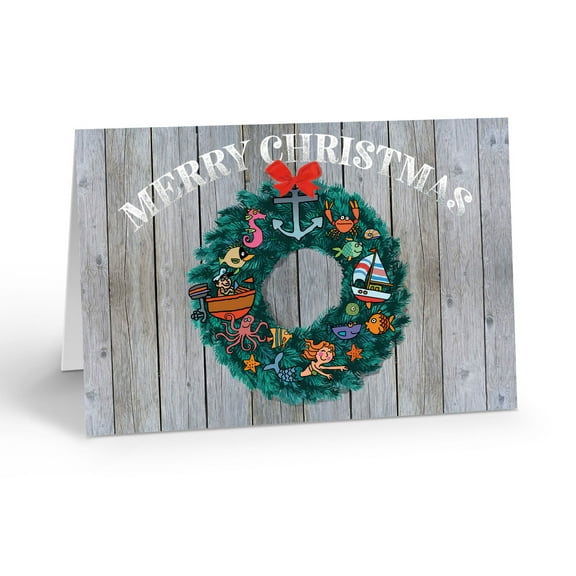 Nautical Holiday Wreath Christmas Card - 5" x 7" Christmas Card - 18 Cards & 19