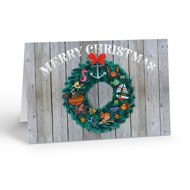 Nautical Holiday Wreath Christmas Card 5" x 7" Christmas Card 18 Cards & 19 White Envelopes
