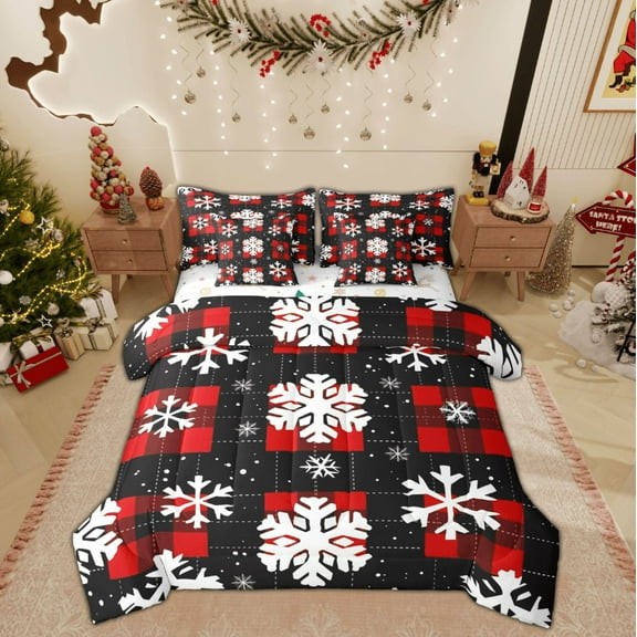 Feelyou Snowflake Twin Bedding Sets 7-Piece for Teens, Black Red Plaid Bedding Comforter Set, Merry Christmas Reversible Sheet Sets, Breathable Home Decor