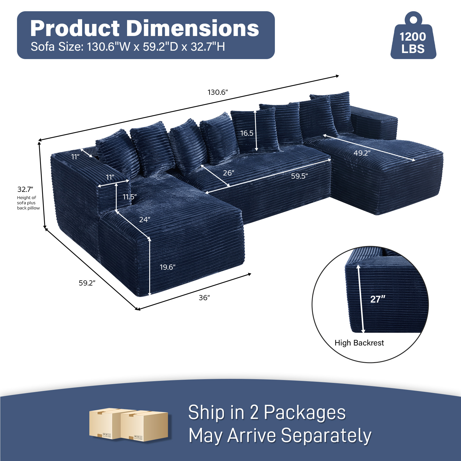 Wiilayok U Shaped Sectional Sofa,Modular Cloud Corduroy Sofa Couch with Extra Deep Seat for Living Room Sofa, No Assembly, Blue