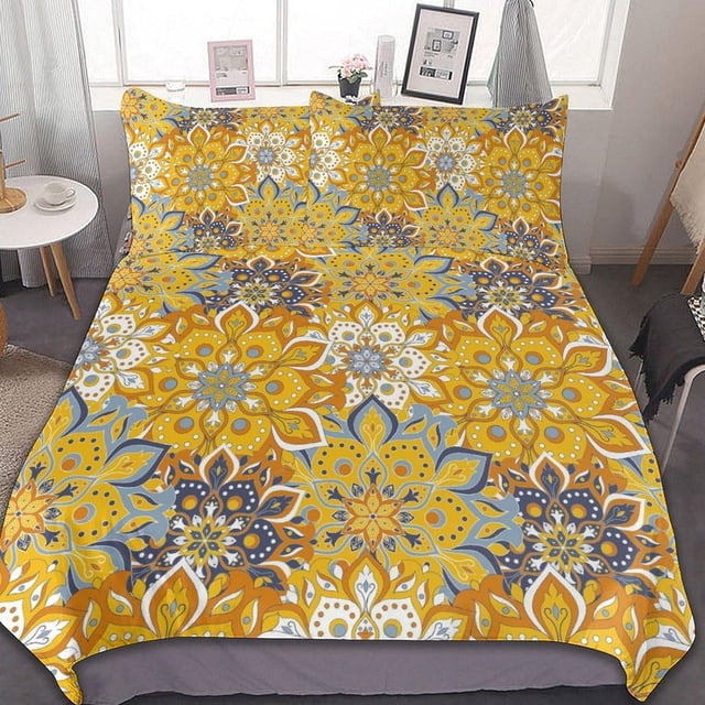 HAHDAXIA Bohemia India Pattern Bedding Solid Comforter Set for All Seasons,3 Pieces(1 Comforter+2 Pillowcases),Soft Microfiber Bedding Set Queen(90"x90")