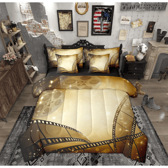Manfei Vintage Film Twin Bedding Sets 7-Piece for Kids, Cinema Tricket Bedding Comforter Set, Movie Theater Theme Reversible Sheet Sets, Breathable Home Decor