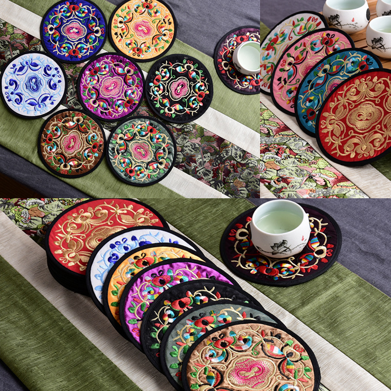 Embroidery Cloth Fabric Coasters for Drinks Vintage Ethnic Floral