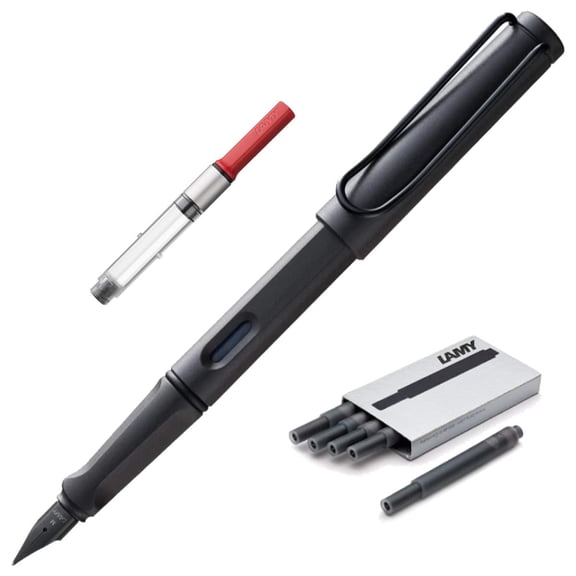 Lamy Safari Fountain Pen Charcoal, Fine Nib | 5 Black Ink Cartridges, Z28 Converter and Wipe
