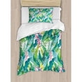 thumbnail image 3 of Leaf Duvet Cover Set Queen Size, Summer Spring in Exotic Island with Flowers Plumeria Lilac Image, Decorative 3 Piece Bedding Set with 2 Pillow Shams, Pink Pale Blue Yellow and Green, by Ambesonne, 3 of 3
