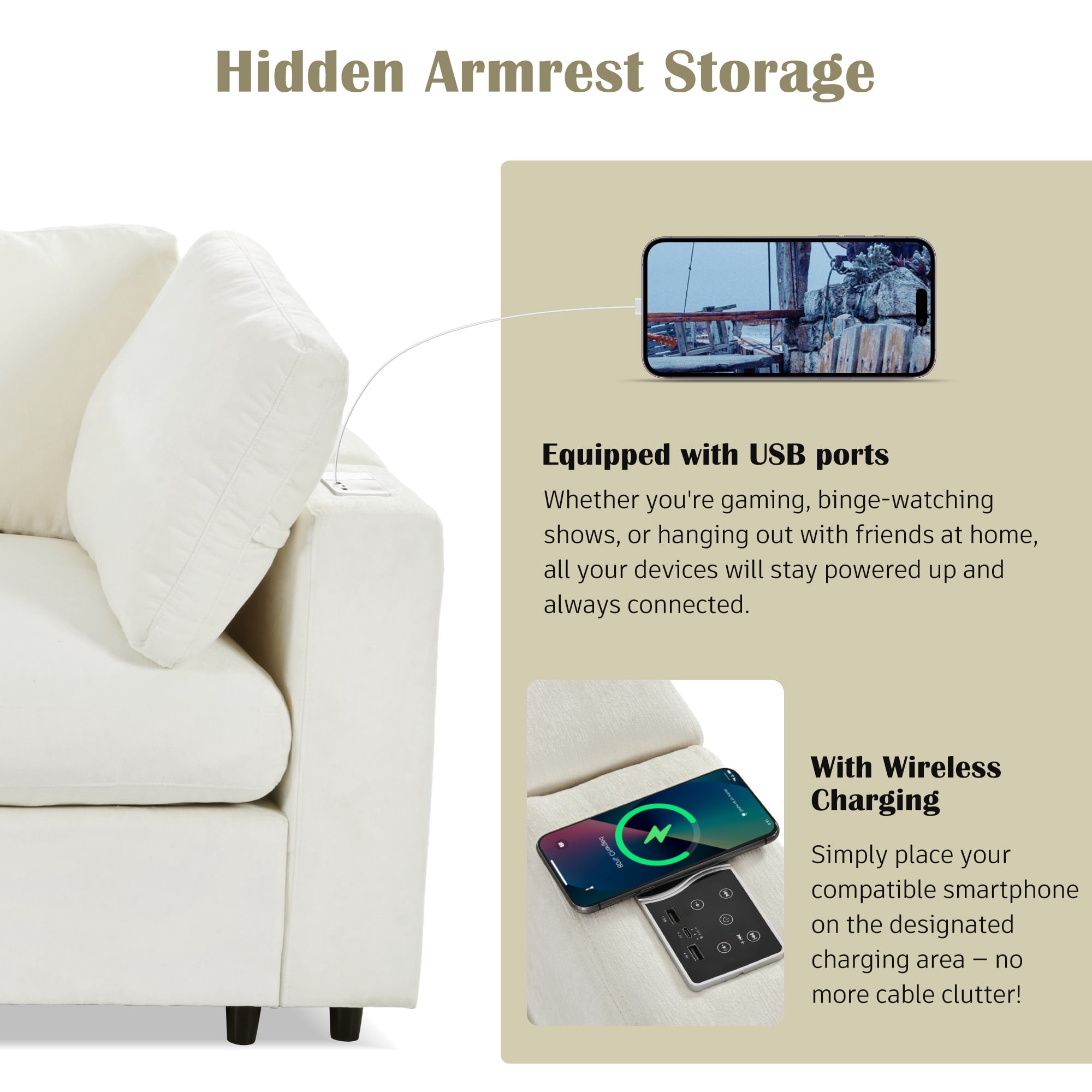 Harper & Bright Designs Modular Sectional Sofa with Storage, Free-combined Sectional Convertible Couch with SB Charge Ports, Wireless Charging and Built-in Bluetooth Speaker in Arm, Beige