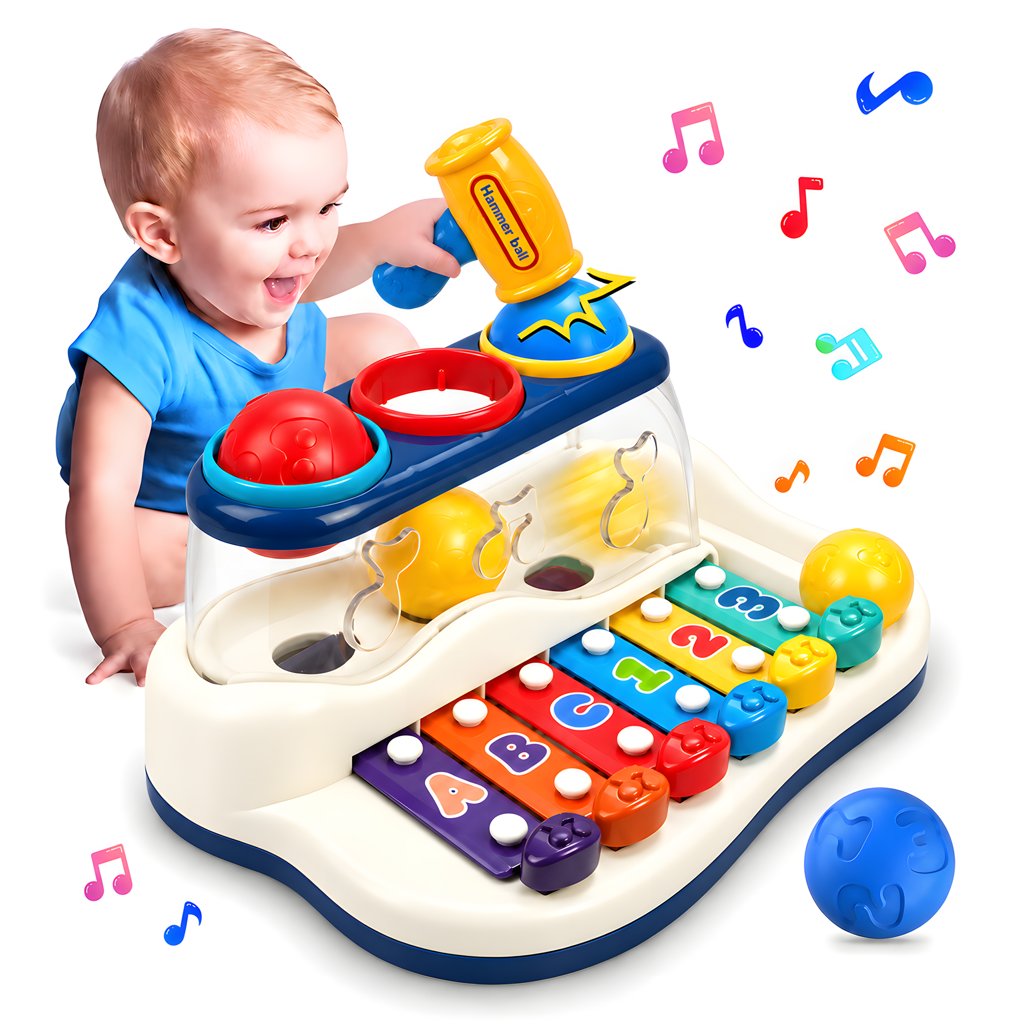 Yerloa 2-in-1 Baby Xylophone & Hammer Toy, Multicolor