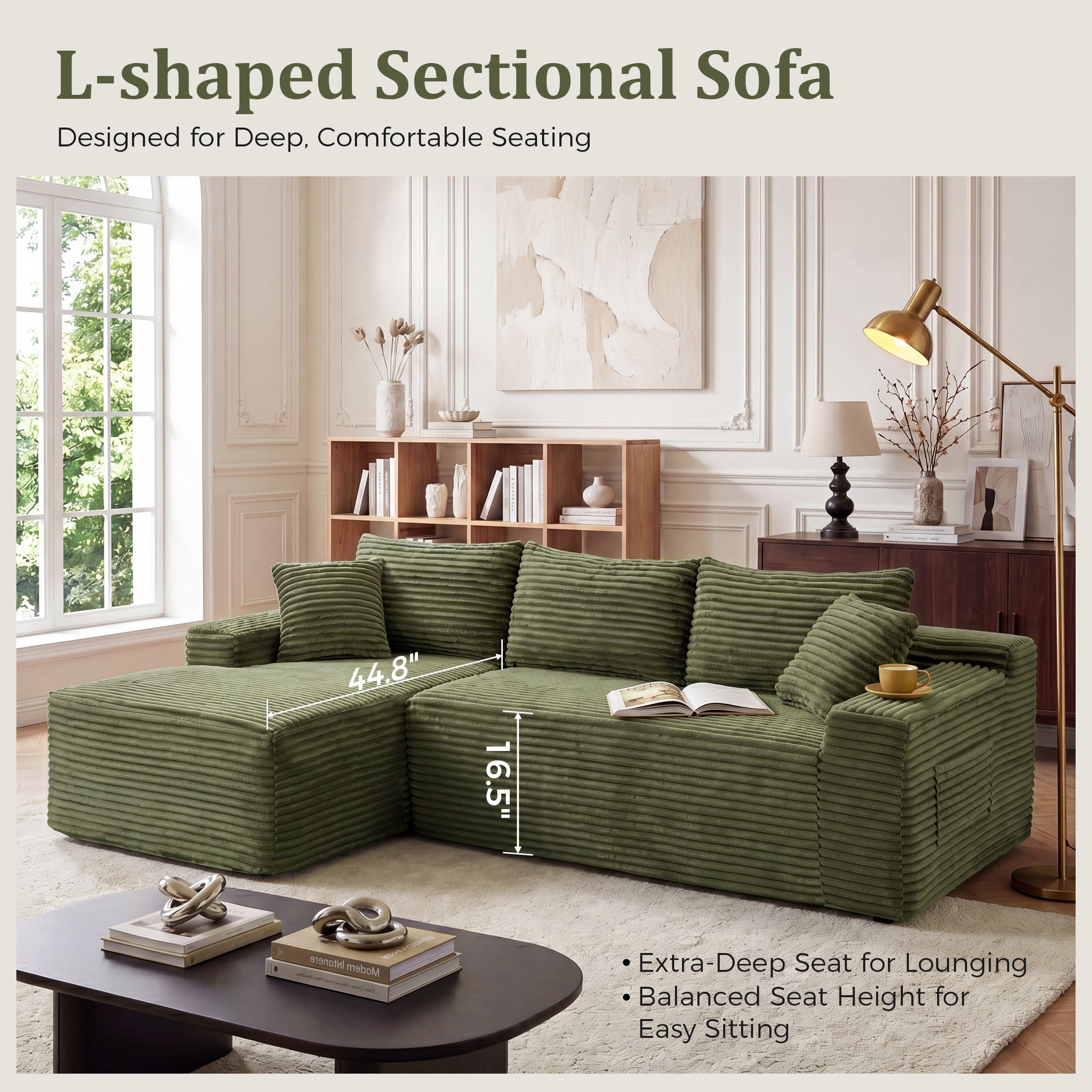 Aenkyo 106 Inch Corduroy L-Shaped Cloud Sectional Sofa with Reversible Chaise, Green