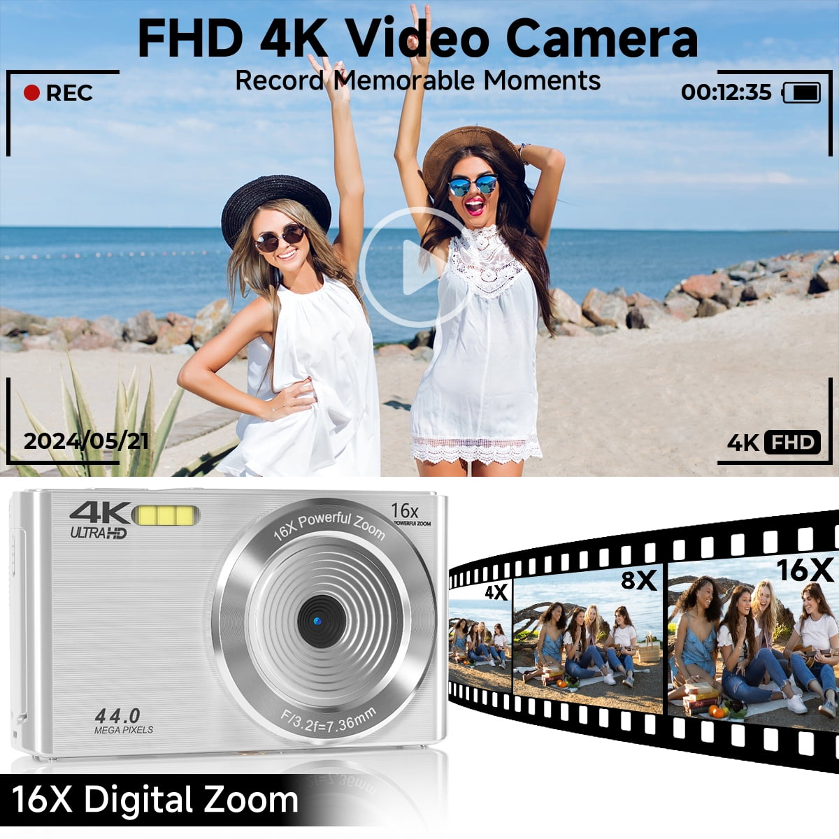 KEEPBERRY 4K Compact Digital Camera,Auto Focus 16x Zoom, 64GB TFCard, Lightweight, Silver, for Teens