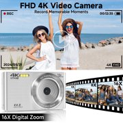 KEEPBERRY 4K Compact Digital Camera,Auto Focus 16x Zoom, 64GB TFCard, Lightweight, Silver, for Teens