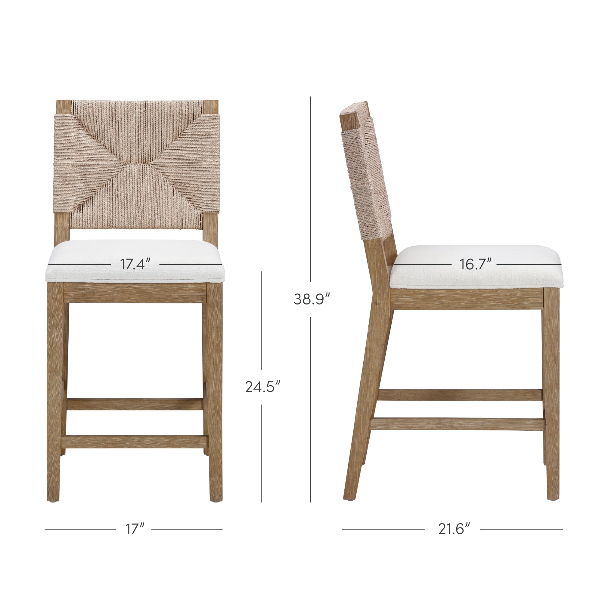 Nathan James Beacon Woven Seagrass Back Counter Height Bar Stools, Cream/Light Brown