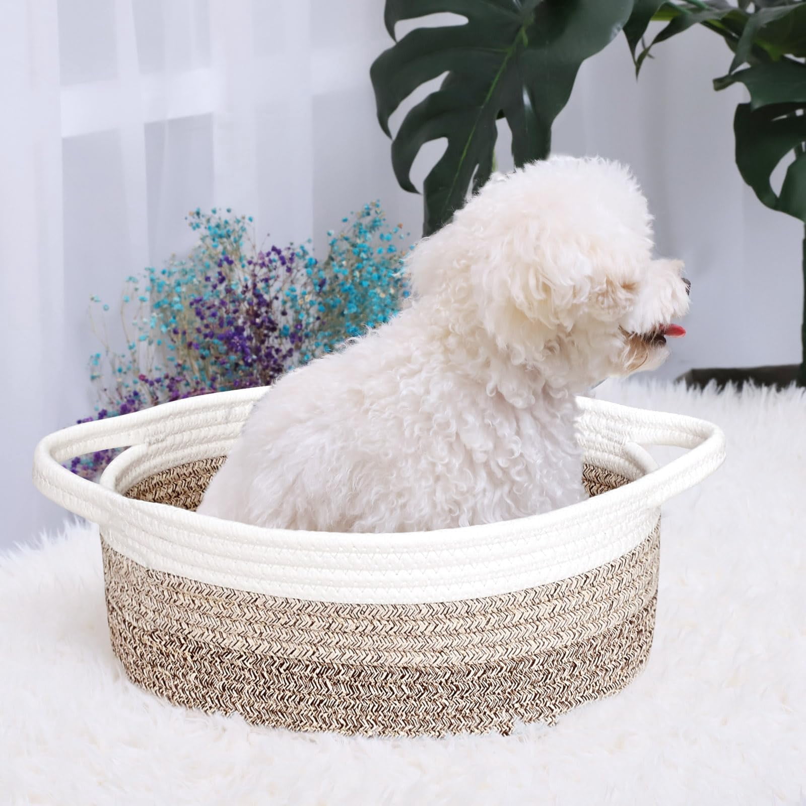 Soft Rope Woven Storage Basket with Handles, Compact Decorative Organizer Bin for Dog & Cat Toys, Shelf Storage & Easter Gift Basket