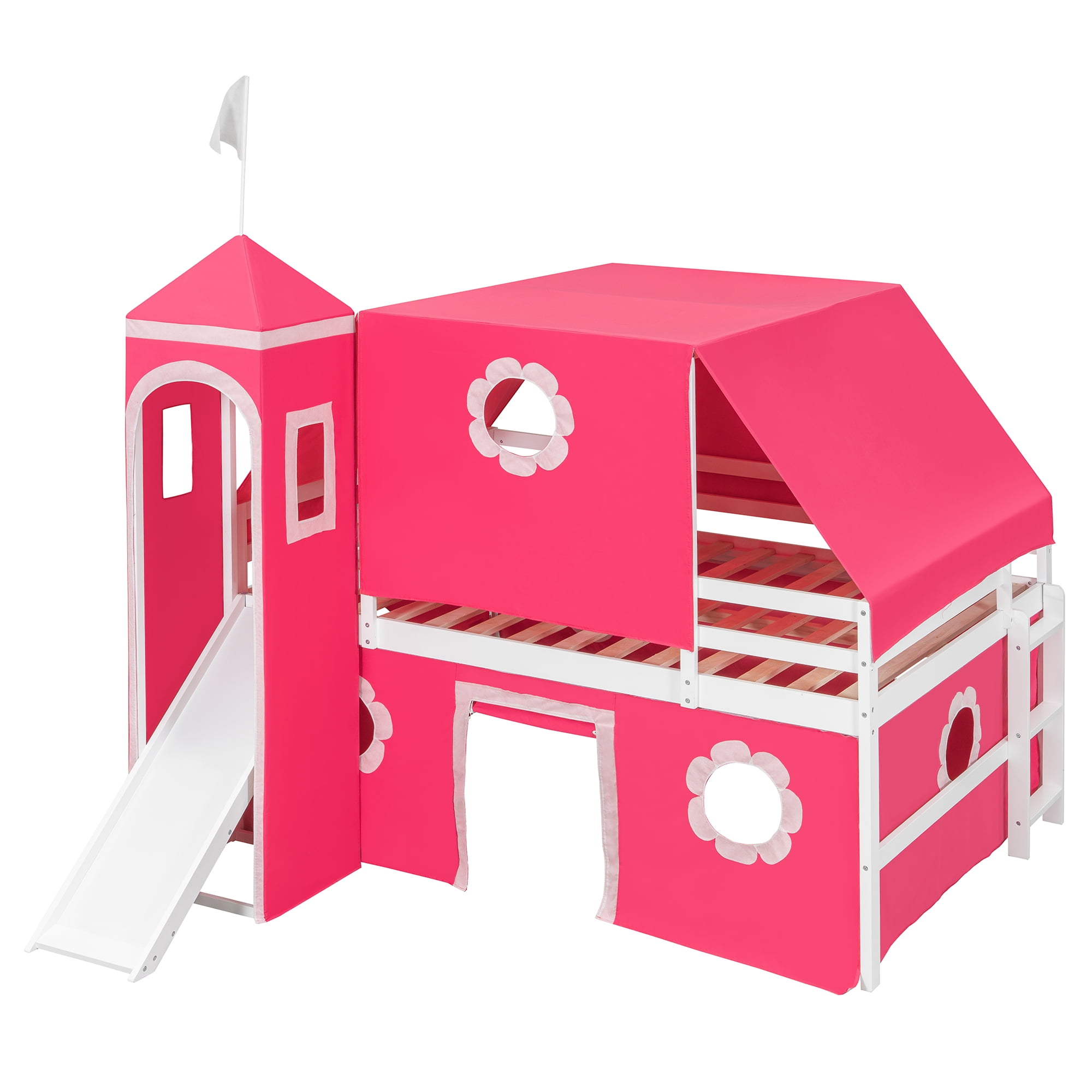 Aukfa Full Size Loft Bed with Slide - Princess Castle Bed with Tent and Tower for Kids Girls - Pink