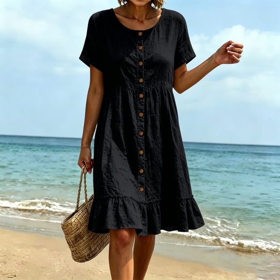 Qulqfy Summer Dresses for Women Cotton Linen Scoop Neck Plus Size Midi Dress Short Sleeve Black Casual Ruffle Button Vacation Sundress L