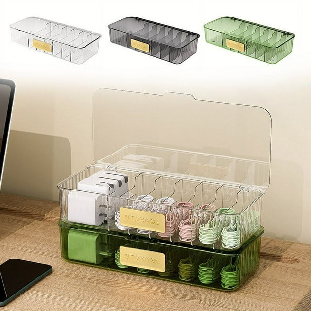 Caja organizadora de cable de datos | Organizador de estación de carga de escritorio para cables, auriculares, cargadores | Contenedor de almacenamiento con cajón de varios compartimentos | Plástico