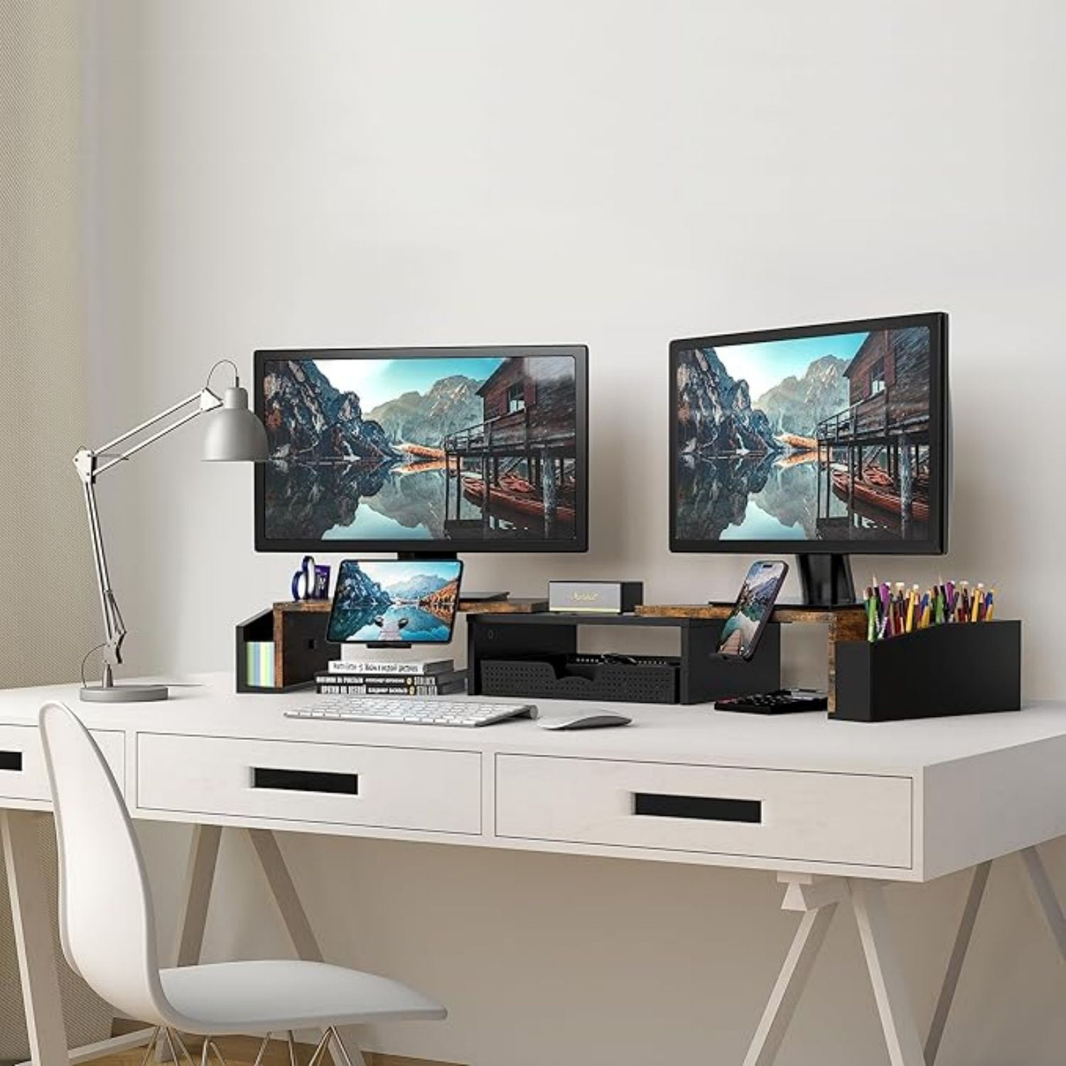 Desk Dual Monitor Stand Riser with Drawer, Rustic Brown