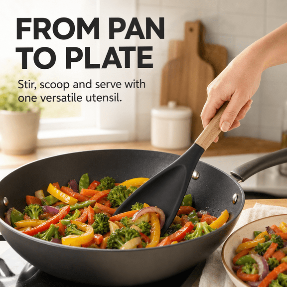 Large Cooking Spoons for Serving, 12.2" Nonstick Silicone Spoonula with Wooden Handle, Heat Resistant Rubber Serving Spatula Spoon for Mixing, Baking, Scooping and Scraping Great for Stir Frying