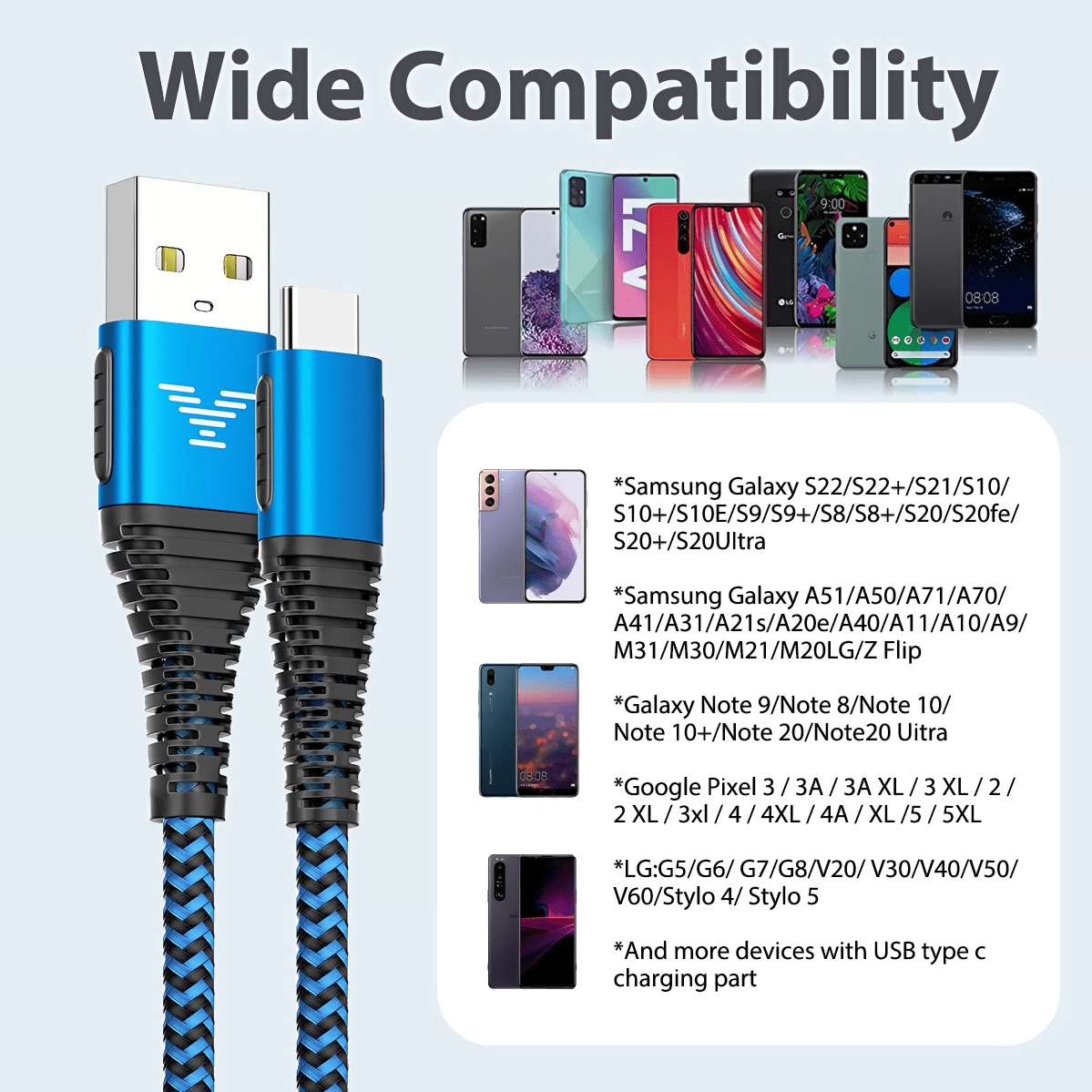 XUDUO USB C Cable, [2 Pack 10FT] USB C Charger Cord Nylon Braided 3A Type C Fast Charging Cable for Samsung Galaxy S24 S23 S22 S21 S20 S10 S9 S8-Blue