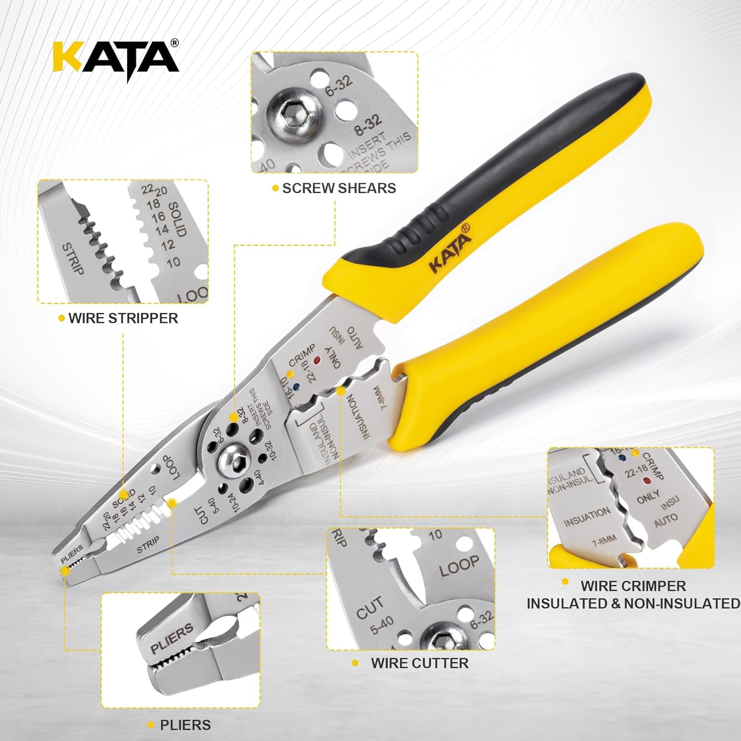 8-Inch Wire Stripper Tool - Professional Wire Stripping, Cutting & Crimping Pliers for 10-22 AWG Solid & Stranded Wire - Heavy Duty Electrician Hand Tool with Non-Slip Grip