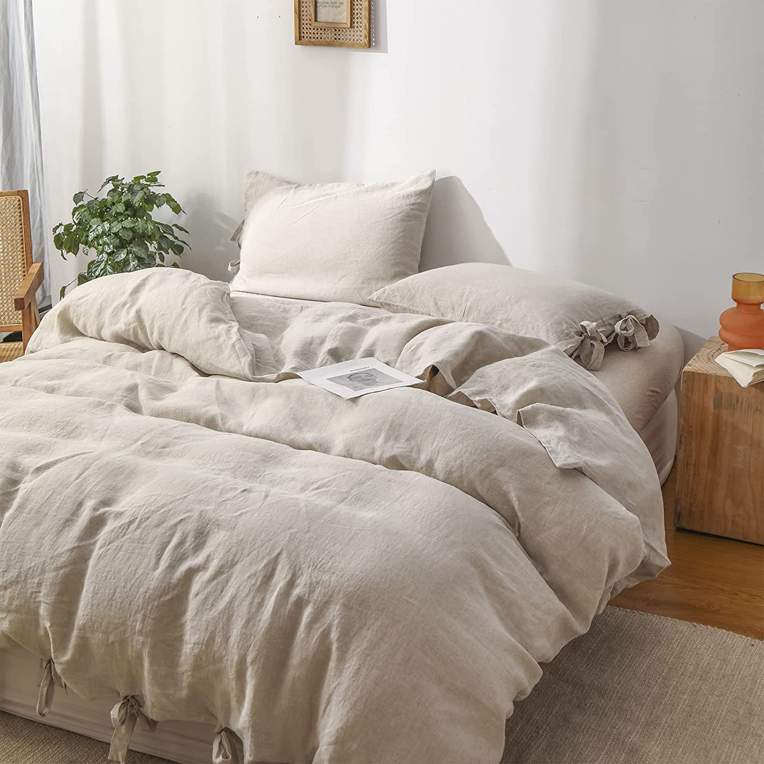 Simple&Opulence 100% Linen Duvet Cover Set, 3 Piece Belgian Flax Breathable Bedding, Queen Size 88''x92'' (1 Comforter Cover+2 Pillowshams) with Tie Closure Style,Linen