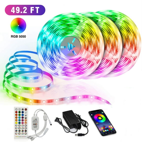 LED Strip Lights,49.2Ft Color Changing LED Strip Lights Music Sync,Bluetooth App Controlled Remote,5050 RGB LED Rope Lights 16Million color,LED Lights for Bedroom Kitchen TV Party