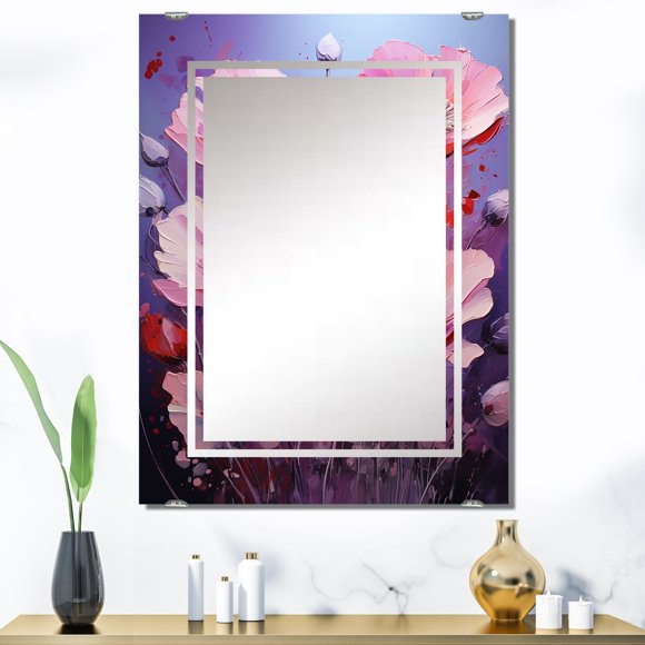 Designart "Purple Poppy Palette with Luminous Lilacs II" Poppies Oversized Wall Mirror - Traditional Floral Bedroom Wall Mirror Large - Multiple Color Options