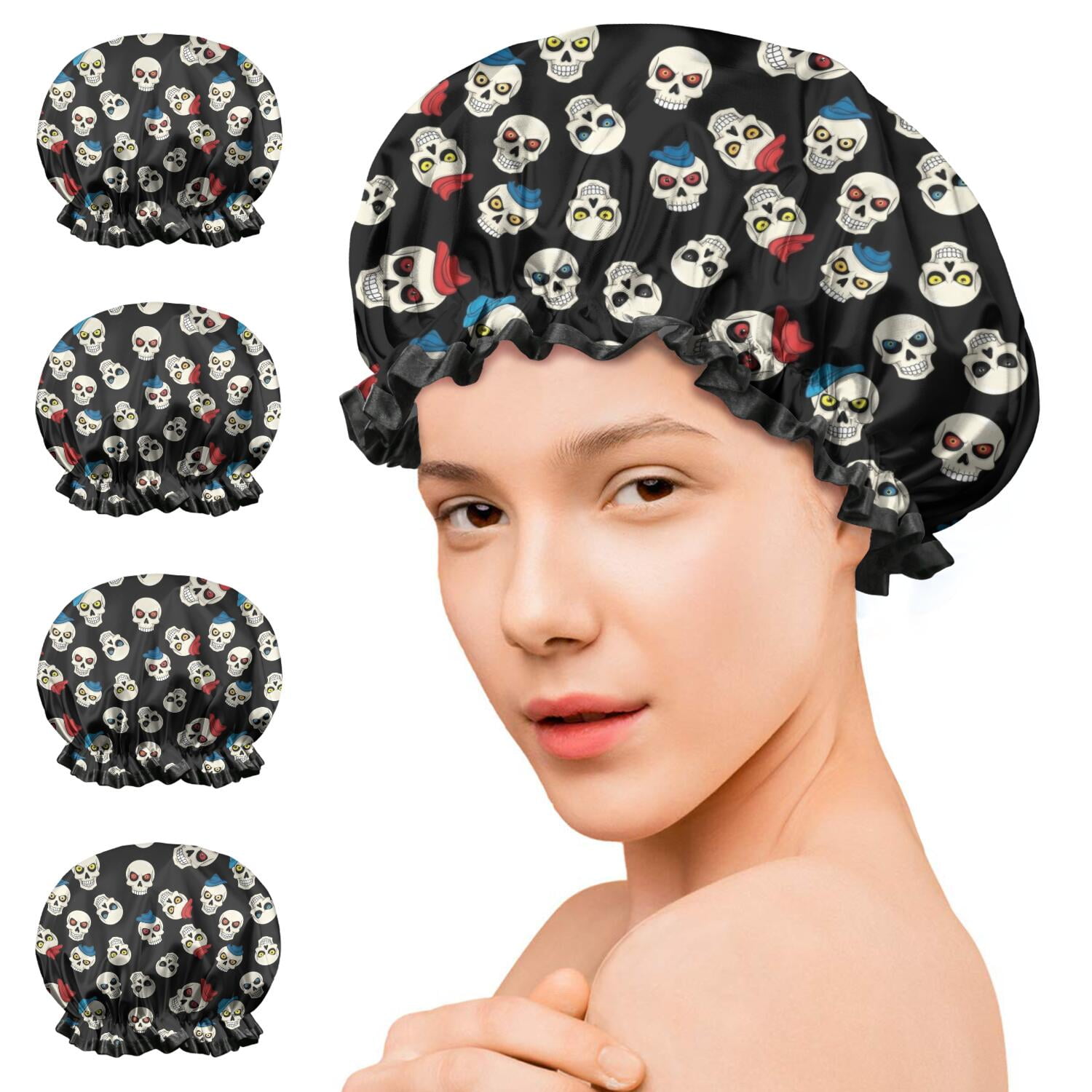 Shower Caps,Black Cartoon Skull Pattern Waterproof Shower Cap for Women 4 Pieces,Double Reusable Hair Cover for Shower PEVA Elastic Stretch Hem