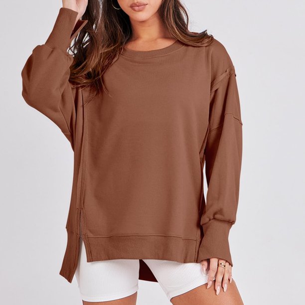 Sudadera Sudadera con cuello redondo para mujer, sudadera informal de manga larga, jerséis holgados, Tops Kuymtek Café T XXL para Mujer