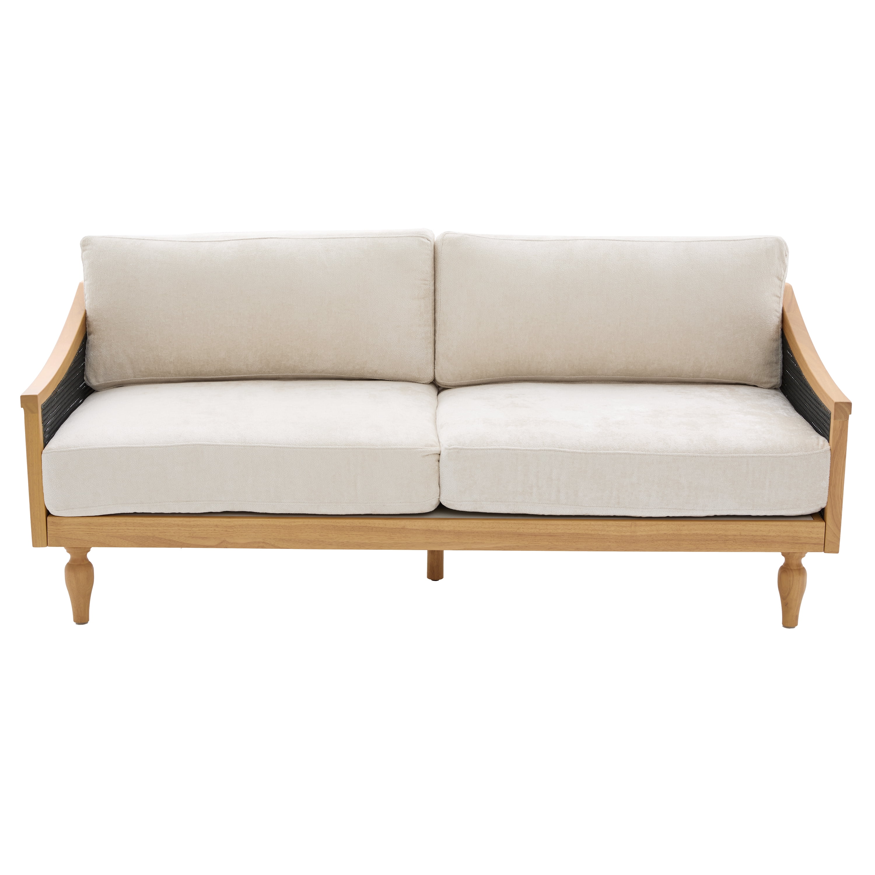 Mid-Century 3-Seater Sofa with Rattan Armrests and Wooden Legs, Chenille Fabric Couch for Living Room and Small Spaces, Black