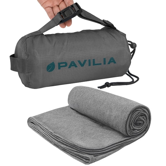 PAVILIA Travel Blanket Airplane Compact with Bag, Soft Packable Plane Blanket Kids Adults, Portable Camping Flight Essentials, Travelers Gifts Accessories, Luggage Backpack Strap, 65x40 Gray