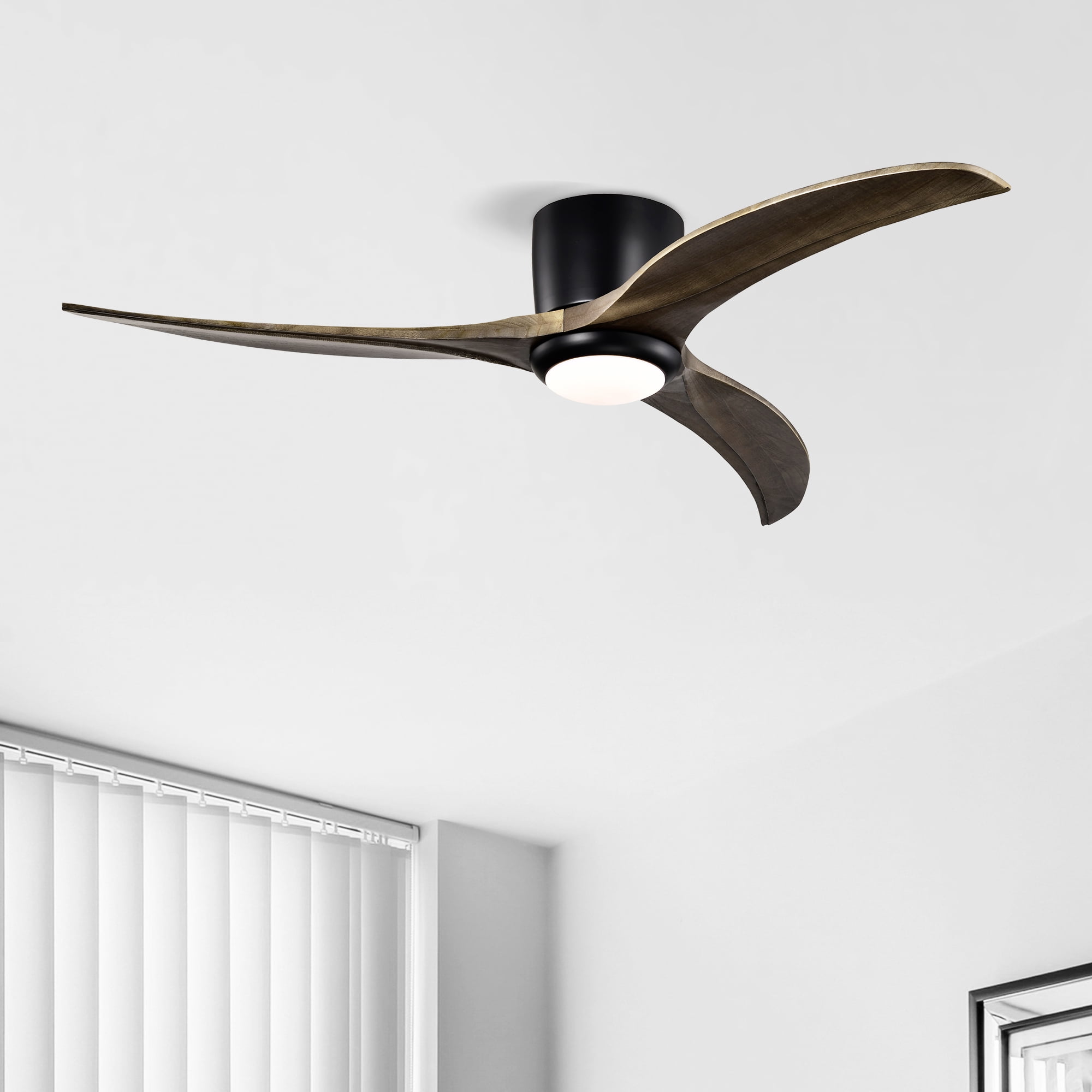 Flush Mount Ceiling Fan with Light, 52 Inch Solid Wood Blade Low Profile Fan for Home Indoor, Matte Black
