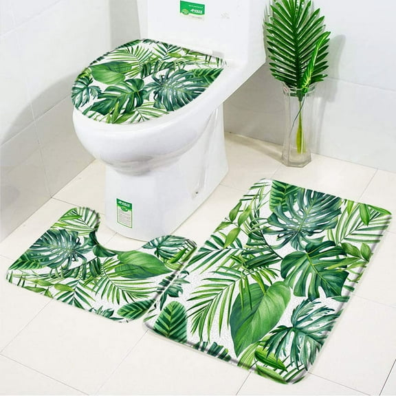 Tropical Leaves Bath Mat Set Watercolour Monstera Palm Leaf Green Plant Modern Home Carpet Bathroom Decor Floor Rug Toilet Cover