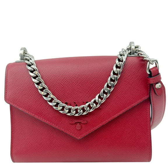 Pre-Owned Prada Monochrome Small Calfskin Saffiano Leather Chain Shoulder Bag Red