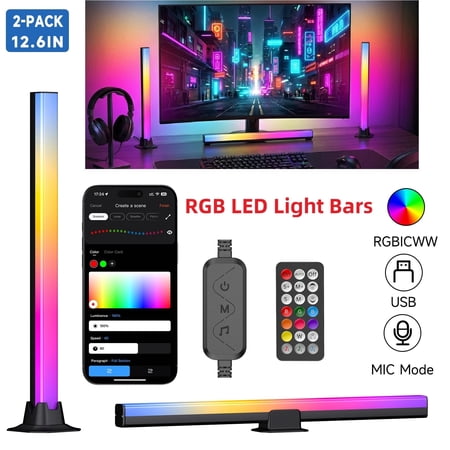 RGB LED Light Bars, USB Powered TV Backlight with Music Sync, APP & Remote Control, Color Changing Gaming Lights for TV, PC, Bedroom, 2 Pack, 12.6 in