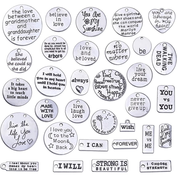 31 Pieces Inspiration Words Charms, Mixed Inspirational Message Charm Pendants for Crafting Necklace Bracelet