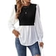 thumbnail image 1 of Camisa de Mujer con Botones y Diseño Patchwork, Larga, Cuello Redondo, Dos en , de Punto Canalé, con Volantes. Negro S, 1 of 8