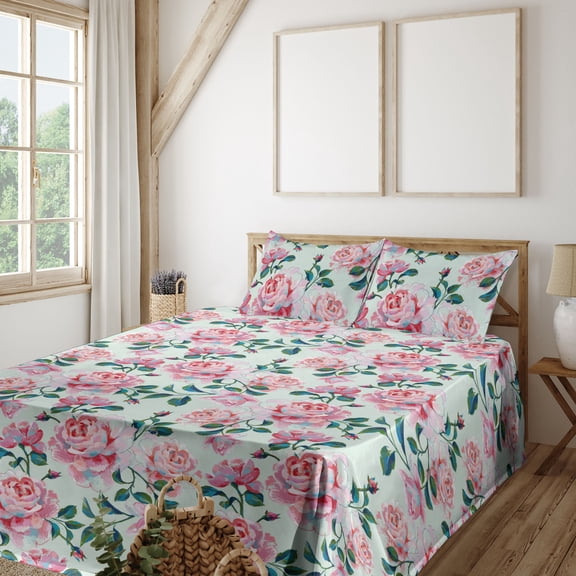 Ambesonne Floral Aquarelle Fitted & Flat Sheet with Shams 4 Pcs Set, Spring Art Floral, King, Forest Green Pastel Pink