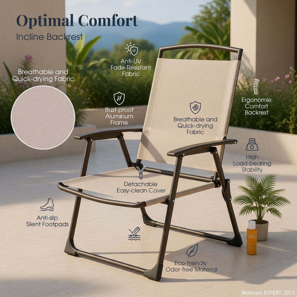 Hommoo 2-Pack Patio Dining Chairs with Armrests, Rust-Resistant Steel Frame, Foldable & Lightweight Outdoor Seating for Deck, Porch, Garden, Beige