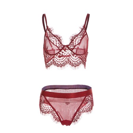 

Intimates Women Sexy Lace Eyelashes Lingerie UnderwearTwo-Piece Split Suit Spandex no underwire sports bra Wine