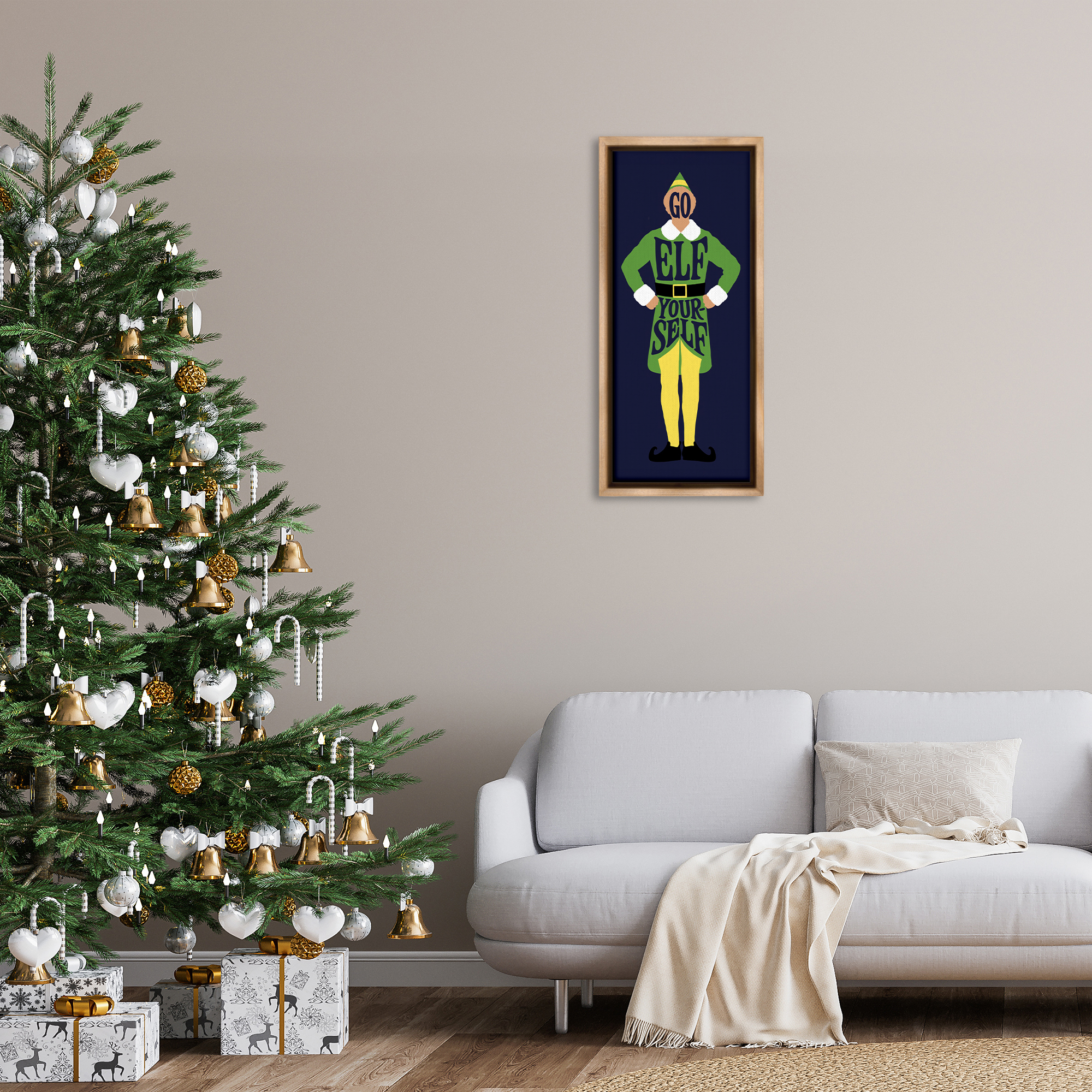Stupell Industries Sassy Go Elf Yourself Holiday Painting Brown Floater Framed Canvas Art Prints Wall Art, 15 x 31