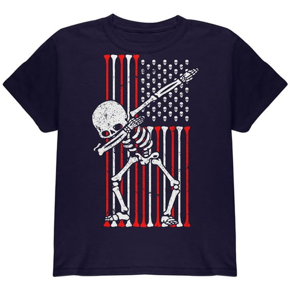 4th of July Dabbing Skeleton American Flag Skulls Youth T Shirt Navy YXL