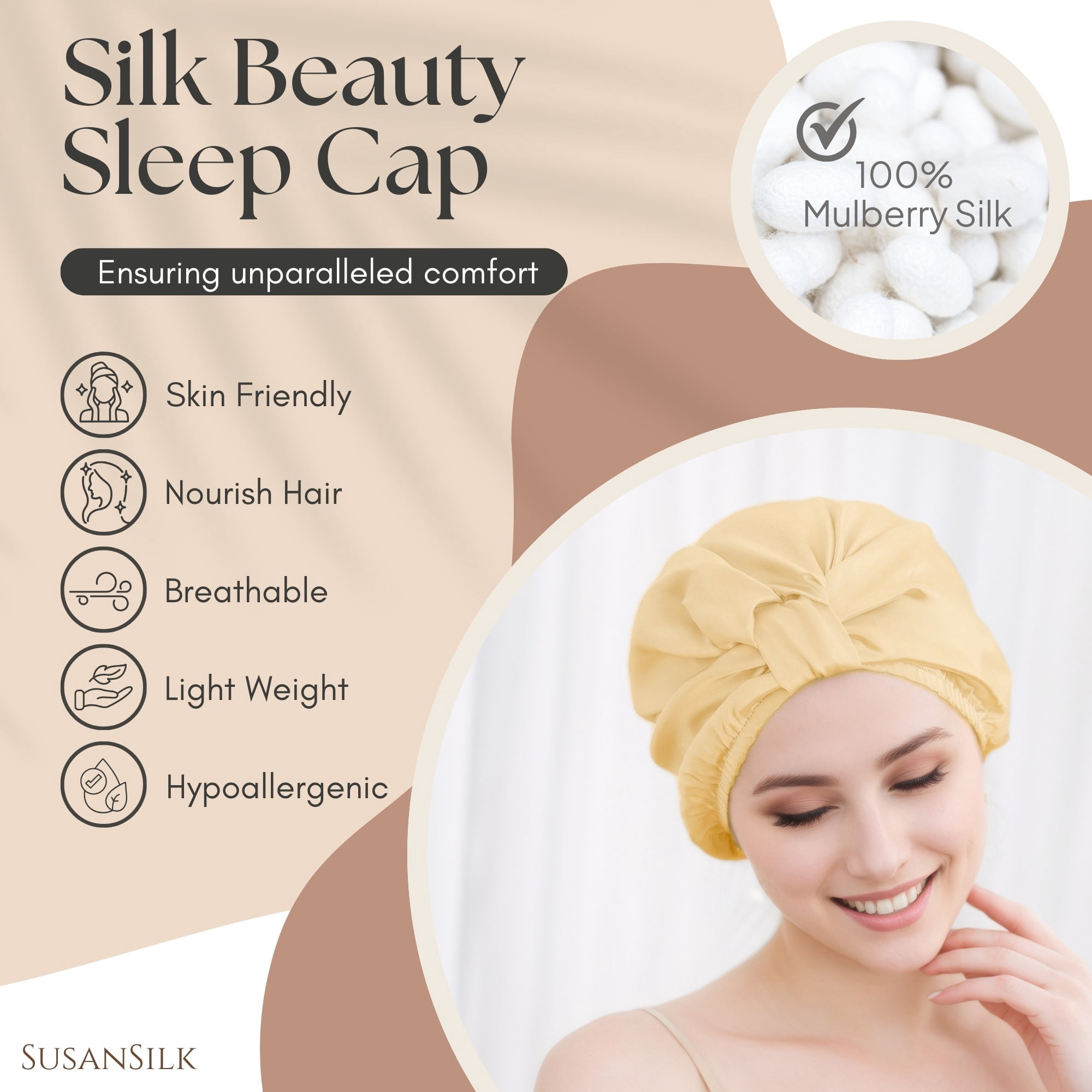 SusanSilk Premium Mulberry Silk Bonnet with French Twist Flower Design, Breathable, Adjustable