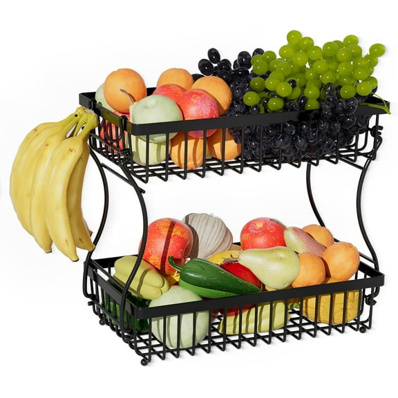 Fruit Basket,2-Tier Fruit Bowl with Banana Hanger,Kitchen Storage Countertop Rack,Fruit Metal Bowls Perfect for Holding Fruit,Vegetables,Snacks(Black)