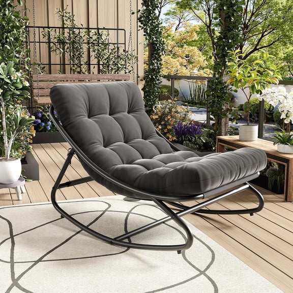 Rocking Chairs for Adults, Outdoor Rocking Chair with 450lbs Capacity Metal Frame, Patio Papasan Rocker with Adjustable Swing Range & Waterproof Cushion, Comfy Lounge Chair for Porch Garden Deck