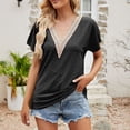 thumbnail image 2 of Luwomo T Shirts Womens Summer Lace Trimmed Solid Color Short Sleeve V Neck Loose Tee Regular Blouses, 2 of 9